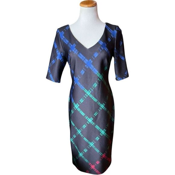 Womens Just Taylor Black Plaid Print Chic Knit Pencil V Neck Dress - Sz 6 - Picture 1 of 3